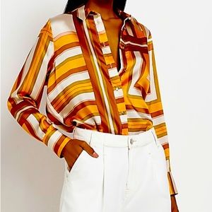 NWOT River Island Orange Oversized Satin Geometric Blouse, sz 8